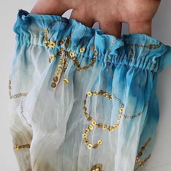 Nygard Blouse Off Shoulder Blue Tan White Gold Sequins Off Shoulder Peasant Sz L - Picture 10 of 13